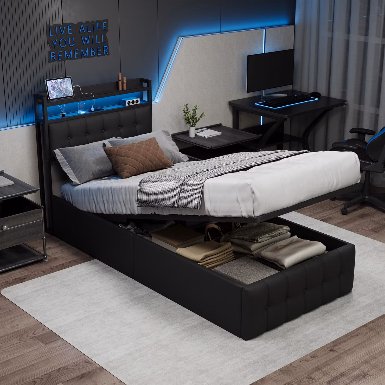 Letto imbottito 90x200 cm con contenitore, luci LED RGB, porta USB-C, 2 porte USB, testiera con spazio contenitivo, sistema di sollevamento idraulico, rete a doghe, letto singolo, colore nero