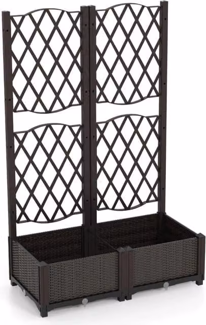 Fioriera con doppio traliccio vassoio autoirrigante 80 x 40 x 122 cm design rustico PE marrone 20_0012201