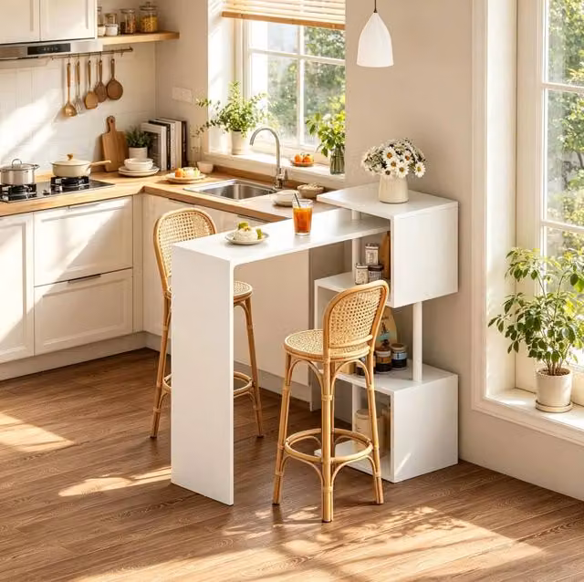 Tavolo bar multifunzione bianco con 3 ripiani, MDF e metallo, 97,5 x 38 x 100 cm