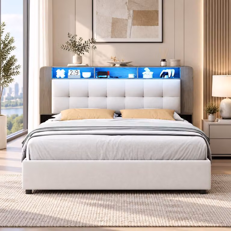 Letto idraulico imbottito INONEFT, 140x200 cm, con LED, letto per giovani con testiera, spazio contenitivo e ricarica wireless, struttura del letto con rete a doghe, velluto, beige