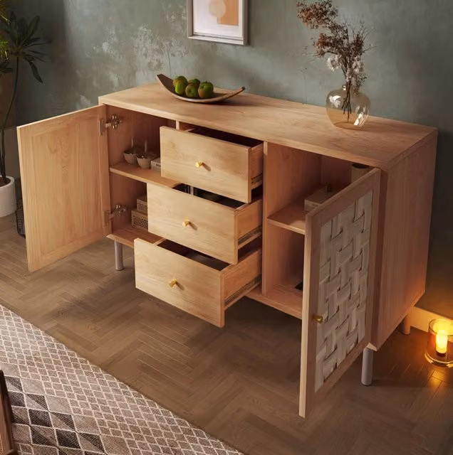 Credenza moderna in legno e metallo color marrone con 2 ante e 3 cassetti per la tua sala da pranzo L 120 x P 40 x H 75 cm