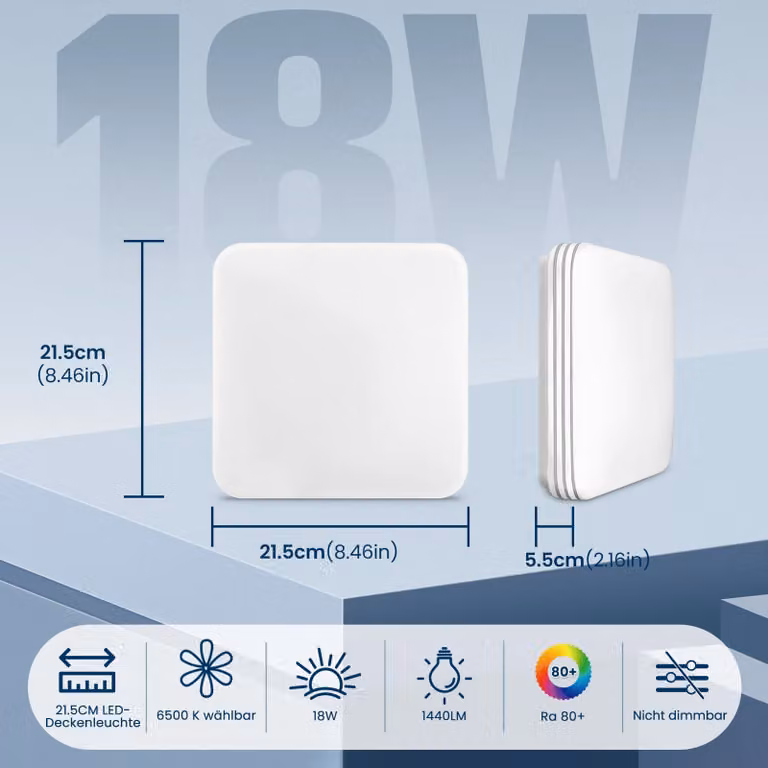 Pannello LED quadrato - 18 W - confezione da 2 - Ultraleggero - Senza sfarfallio - Antiriflesso - A soffitto