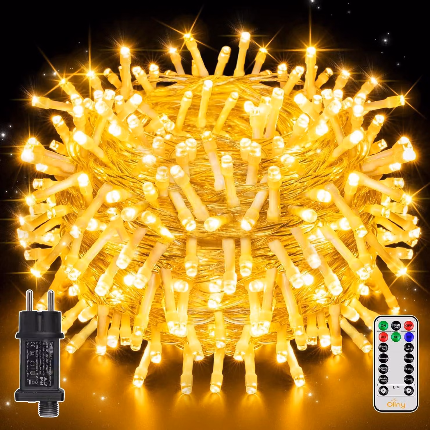 Catena luminosa a LED, 20 metri, 200 LED bianco caldo, timer, grado di protezione IP44, 8 modalità