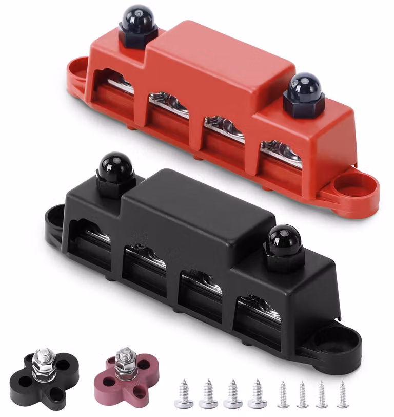 2 barre di distribuzione per cavi DC da 12V-48V, con capacità di 250A