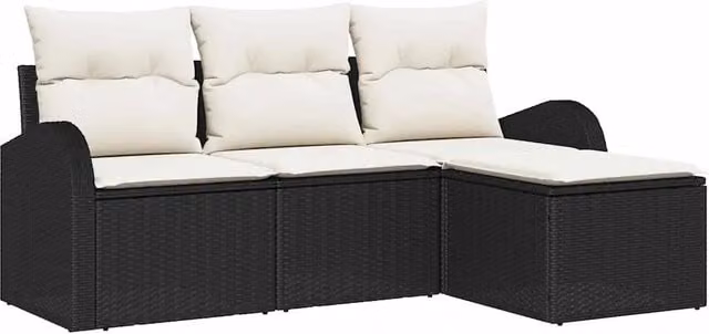 Set di divani con cuscino 4 pz | Set Salotto da Giardino Nero e Bianco polyrattan