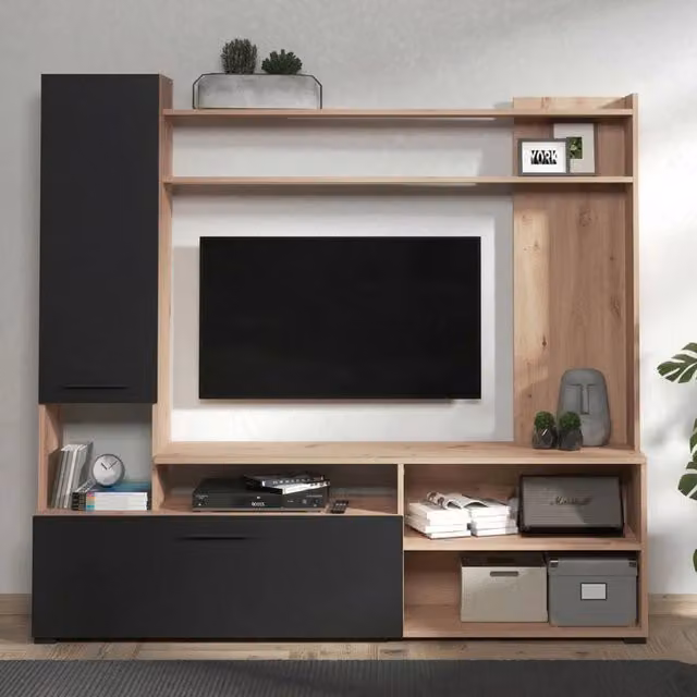 Parete Attrezzata per Soggiorno DMORA Chieve con 8 Ripiani, Colore Nero e Rovere, L: 168.5 cm, P: 35 cm, H: 157 cm