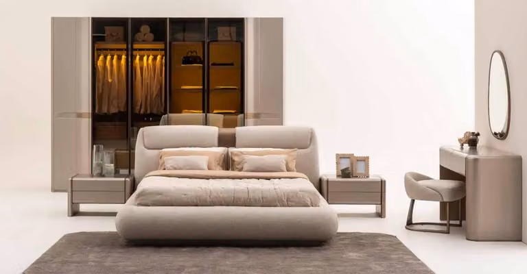 Set completo per camera da letto: letto + 2 comodini + set da toeletta moderno, 7 pezzi