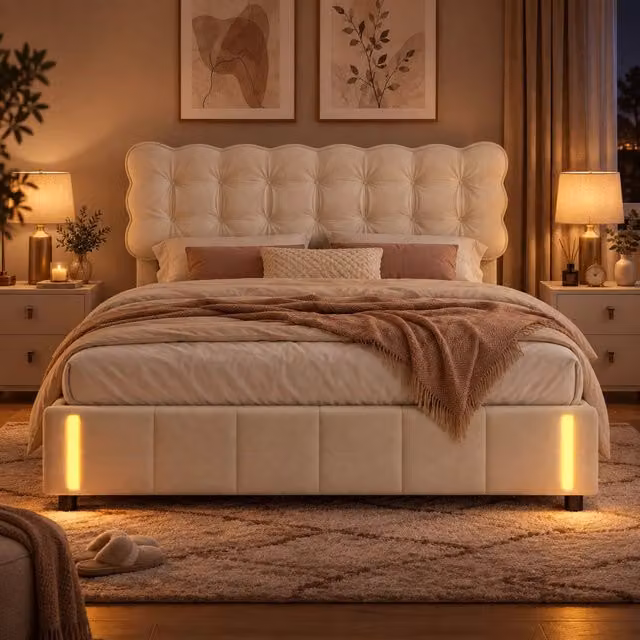 Letto Matrimoniale Imbottito 140x200 cm, Letto Contenitore Idraulico, Letto Gambe, Luce con Sensore, Rete a Doghe, Senza Materasso, in Velluto, Beige