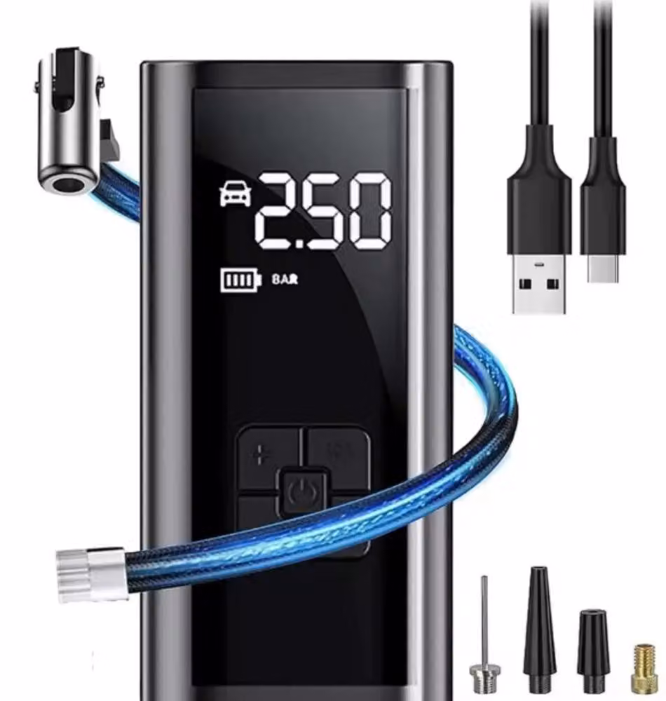 Pompa per pneumatici portatile e senza fili - Compressore elettrico - 150 PSI - Adatta per auto, moto e biciclette - Con luce LED