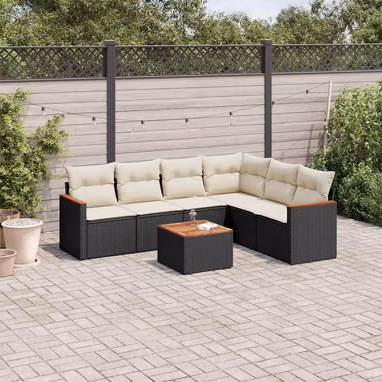 Set Divani da Giardino a L vidaXL in Polyrattan Nero con Cuscini e Tavolino da Esterno