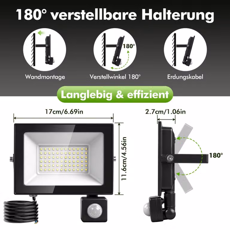 Fari a LED - 50 W - confezione da 2 - 3000 K - sensore di movimento - impermeabili per uso esterno