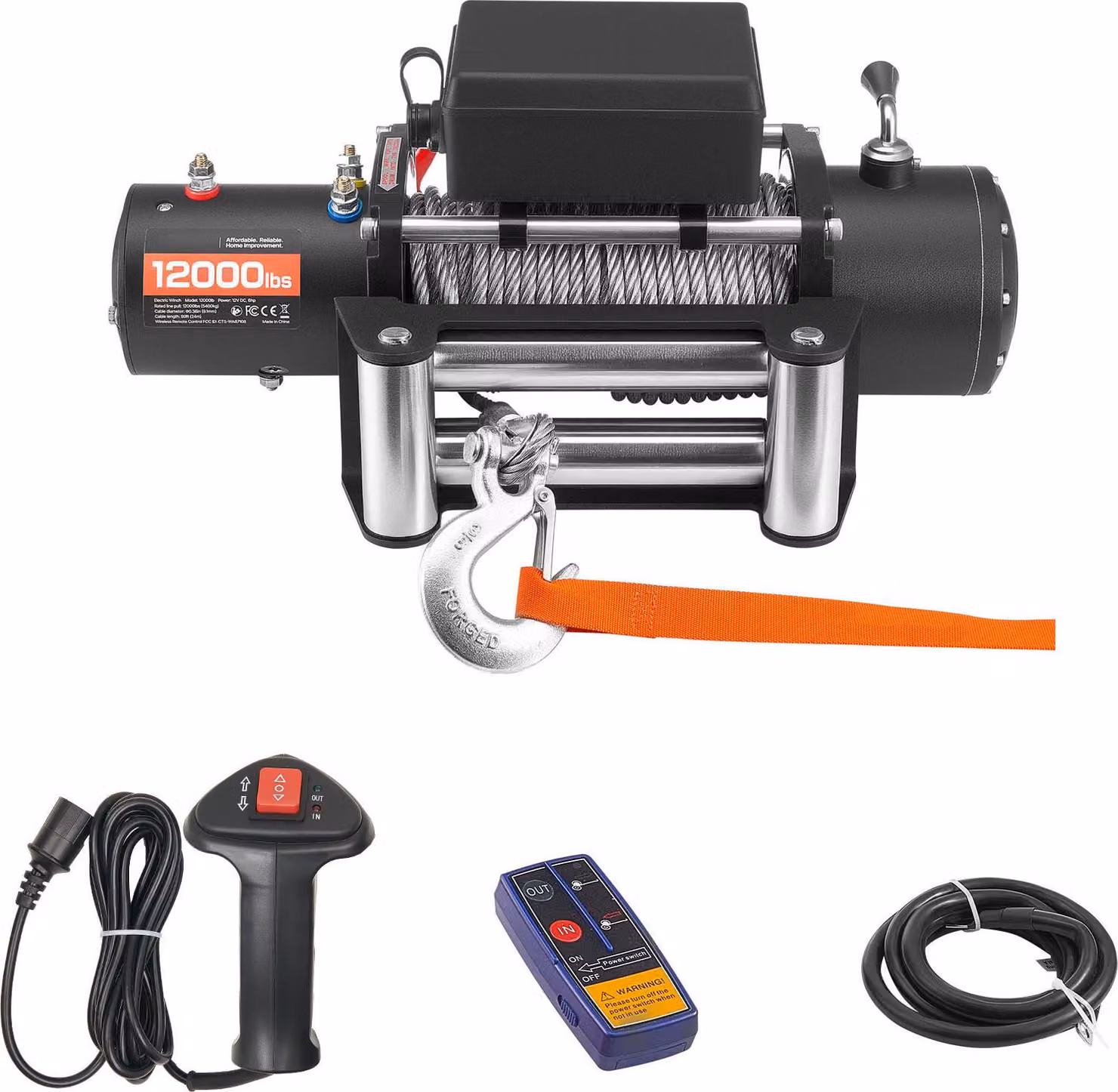 Argano elettrico a fune SucceBuy, forza di trazione di 5400 kg, 12 V DC con cavo d'acciaio di 24 m, telecomando senza fili e con cavo, classe di protezione IP55, ideale per SUV, jeep, rimorchi, barche e fuoristrada