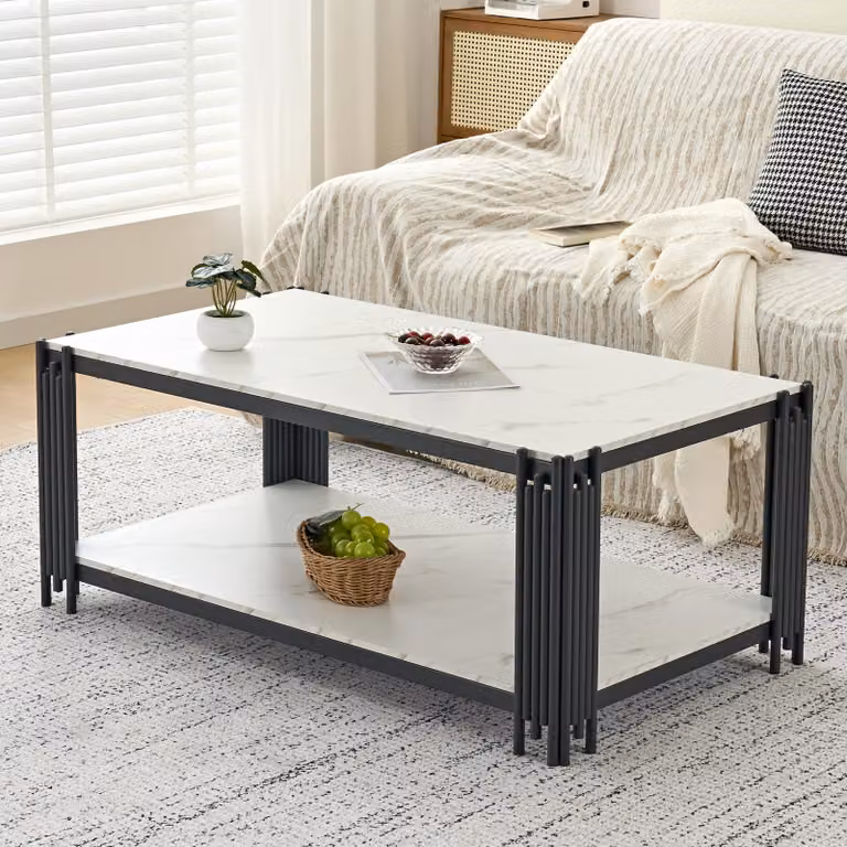 Tavolino da salotto, aspetto marmo, gambe in metallo, bianco e nero, 114x64x46 cm