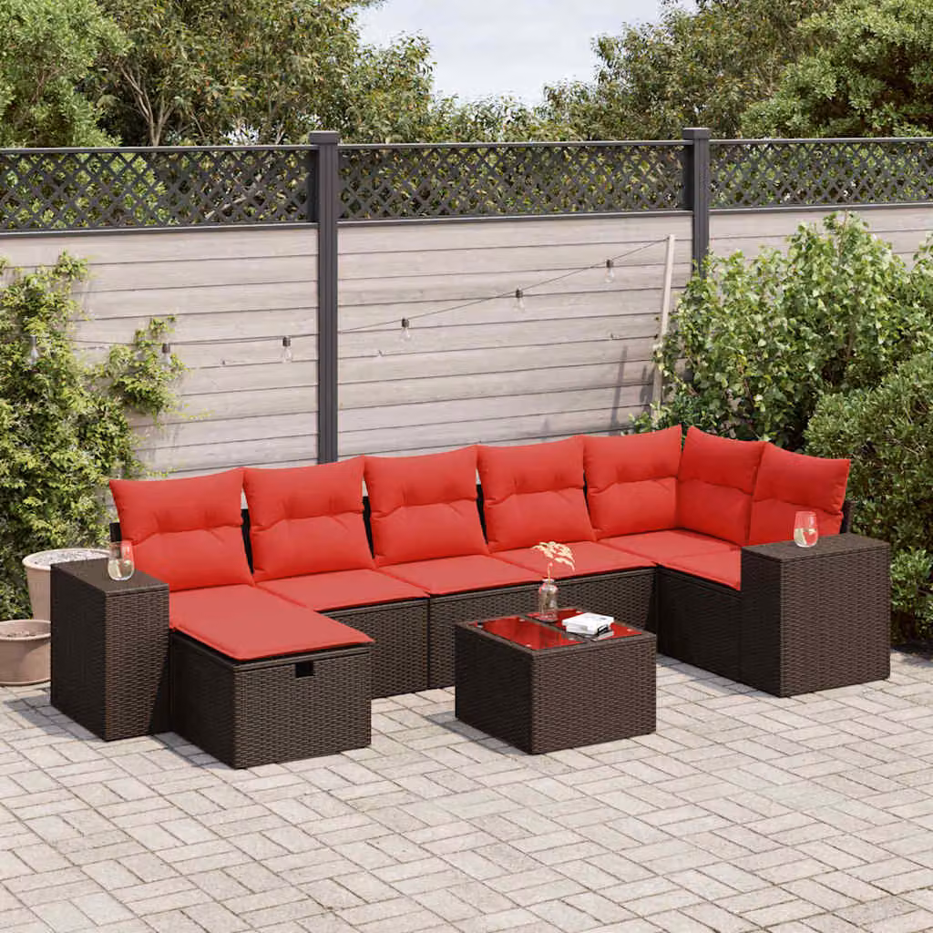 Set da giardino vidaXL composto da 8 pezzi con cuscini in polyrattan marrone e rosso, design moderno a forma di L con struttura in metallo e tavolino da esterno