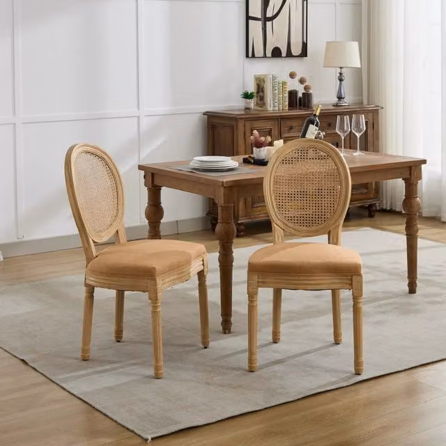 Sedia da pranzo OKWISH in legno e rattan con seduta in tessuto beige stile classico