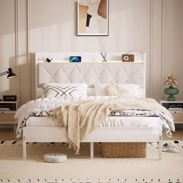 Letto matrimoniale imbottito Minimal Bianco con contenitore, testiera e porte USB, L/P: 140 x 190 cm