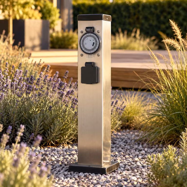 Profilo energetico in acciaio inox con timer Distributore a 2 vie 43,5 cm Presa di corrente da terrazzo per esterni Profilo di presa