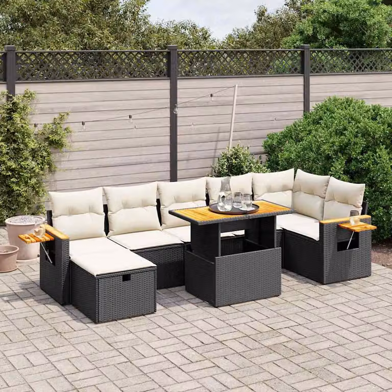 vidaXL Set Divani da Giardino a L con Cuscini 8 pz in Polyrattan Nero e Bianco con Tavolino e Ottoman