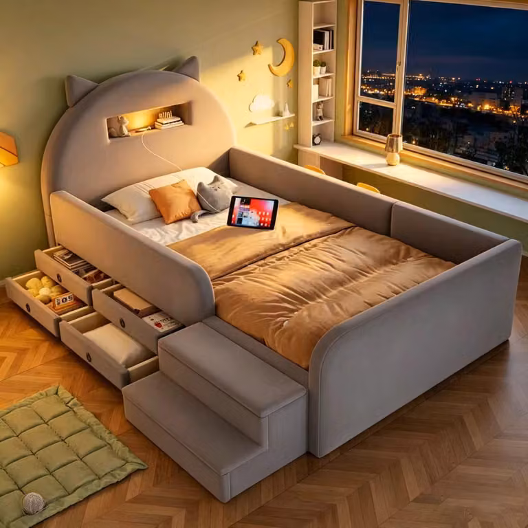 Letto imbottito Flieks 90x200 cm con luce notturna e porta USB, letto singolo per bambini con 4 cassetti e scaletta, letto per adolescenti con ripiano, in velluto, color grigio chiaro