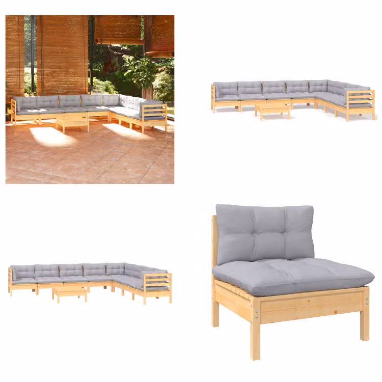vidaXL Set salotto da giardino 9 pezzi con cuscini grigi in pino massiccio - Set salotto da giardino - Set salotto da giardino - Set mobili da giardino - Set mobili da giardino