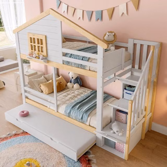 Letto a castello 3 posti 90 × 200 cm con letto estraibile 90 × 190 cm, scala contenitore, senza materasso