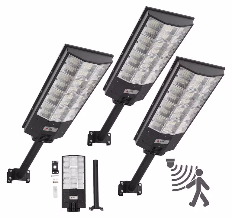 Lampione solare - Set di 3 lampioni LED da 8000 W - Luminosità 450000 lm - Sensore crepuscolare - Rilevatore di movimento - Impermeabile IP67 - Proiettore LED per esterni - Vialetto e cortile