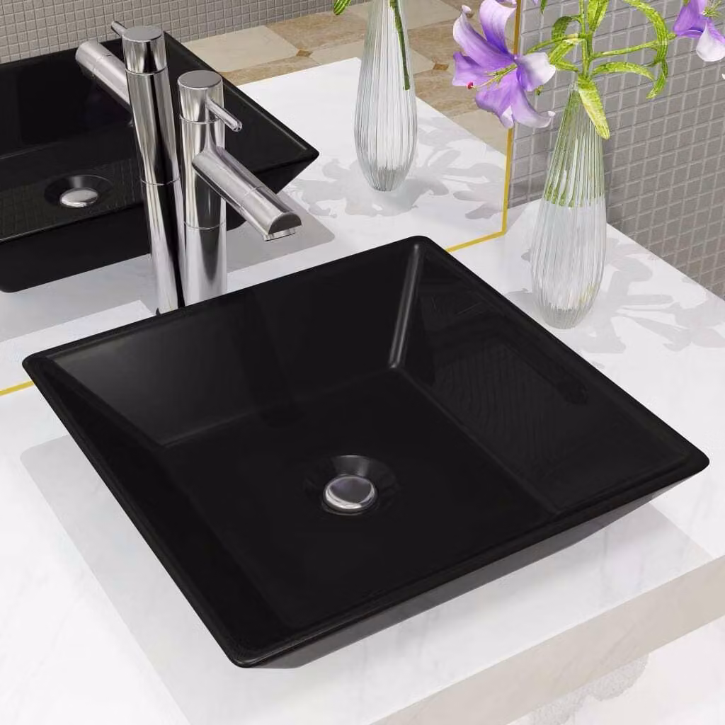 The Living Store Lavabo quadrato in Vetroceramica nero 41,5 x 41,5 x 12 cm