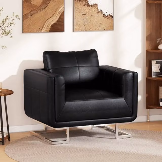 Poltrona a pozzetto moderna vidaXL in similpelle nera con gambe in legno e metallo per soggiorno o ufficio