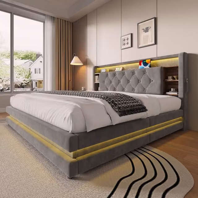 Letto imbottito 160x200 cm con contenitore; LED; USB e Type-C in velluto