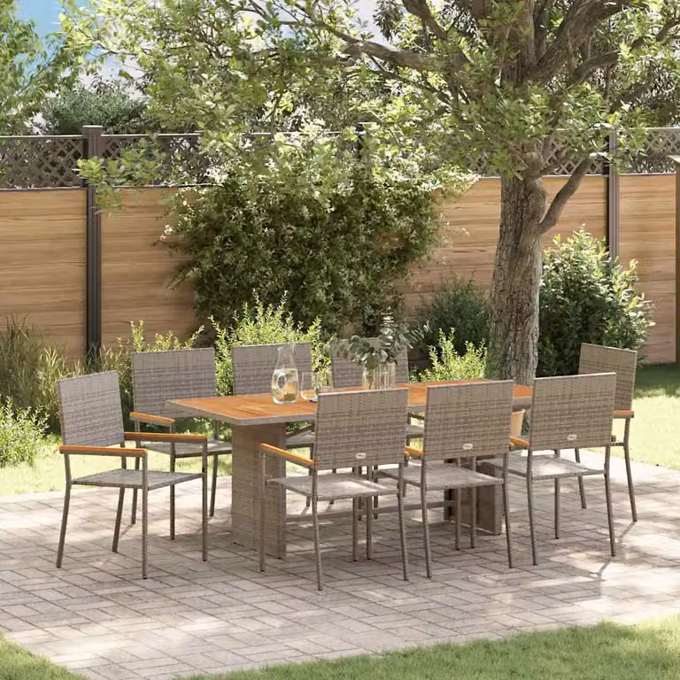Set da pranzo per giardino e terrazzo vidaXL in polyrattan e legno di acacia grigio con tavolo in vetro, 9 pezzi