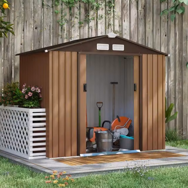 Capanno da giardino WISHDOR in acciaio con 2 porte scorrevoli e finestra, colore marrone, L: 213 cm, P: 130 cm, H: 185 cm – 1
