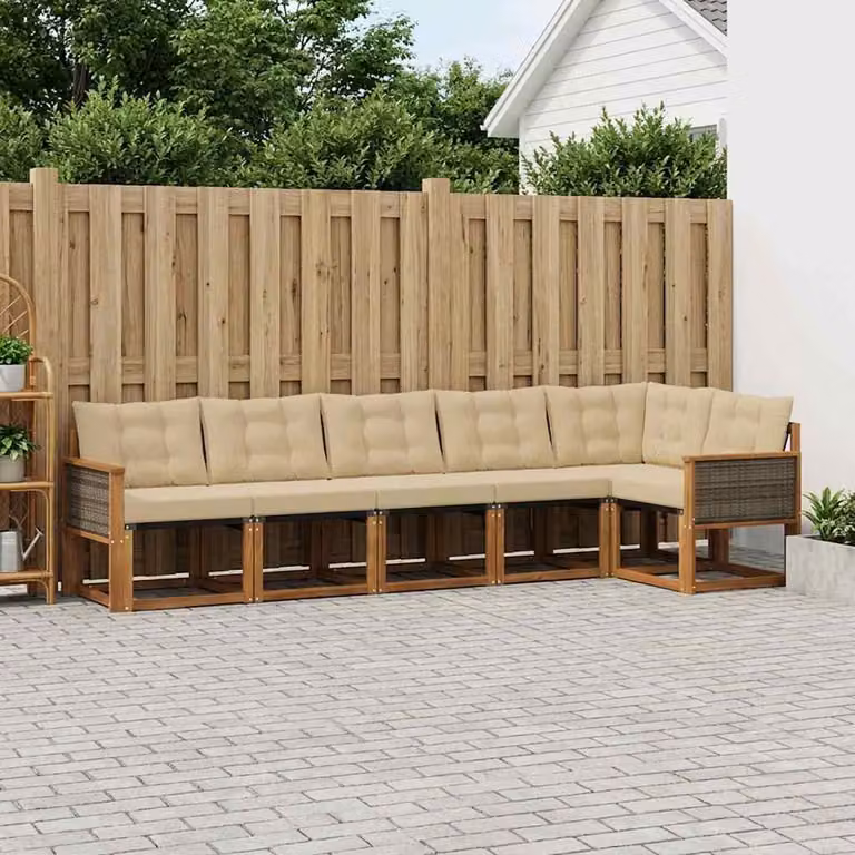 Set di divani da esterno vidaXL a forma di L composto da 6 pezzi in legno di acacia e tessuto textilene, colore beige e marrone