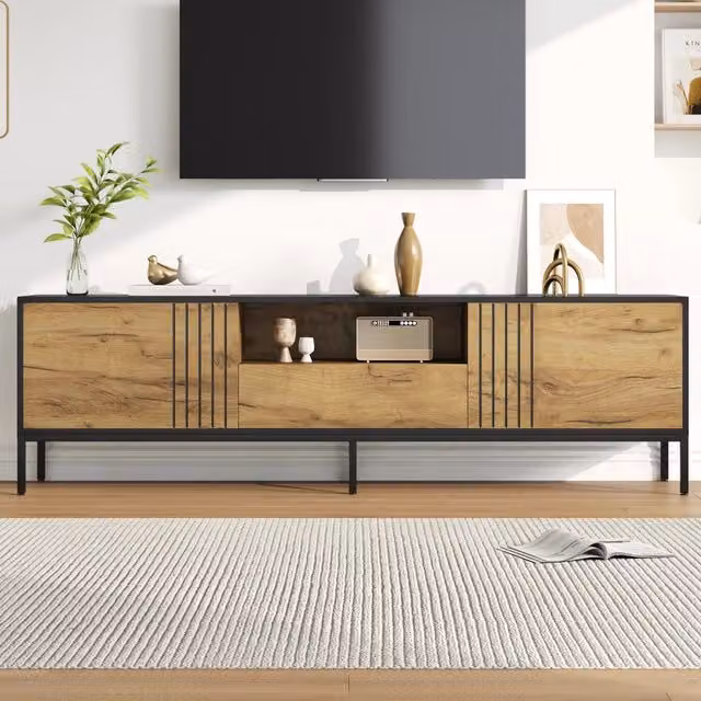 Mobile TV con 2 ante, 1 cassetto e 1 nicchia aperta per soggiorno, in truciolare, rovere e nero, 170 × 35 × 50 cm