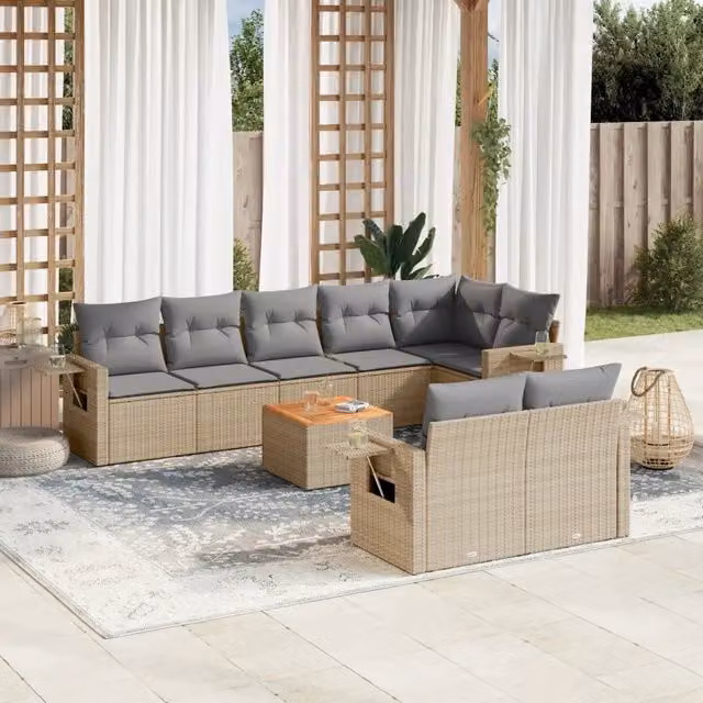 vidaXL Set Divano da Giardino a L in Polyrattan 9 pz con Cuscini Beige e Grigio e Tavolino da Esterno – 1