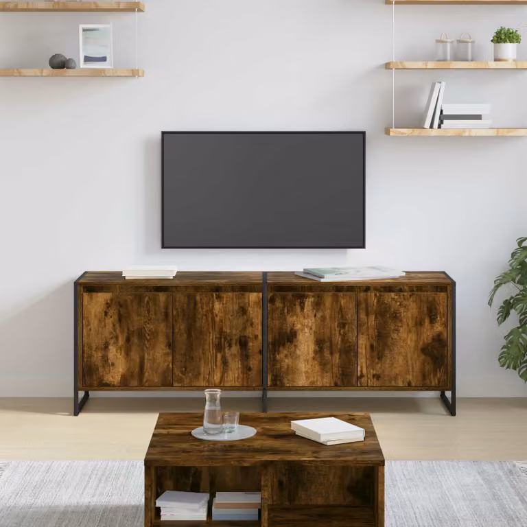 Mobile TV vidaXL in stile industriale, colore marrone quercia fumosa, L 140 x P 36 x H 49.5 cm