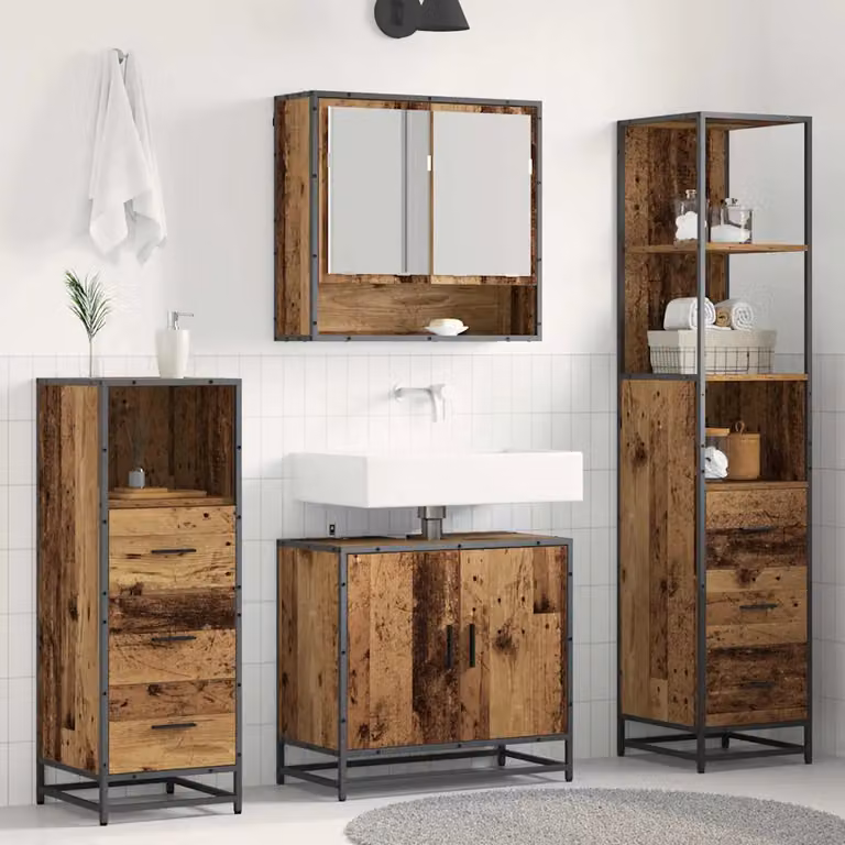 Set di mobili per il bagno moderno vidaXL in legno e metallo, 4 pezzi, marrone e nero, L/P/H: 65 x 33 x 166 cm