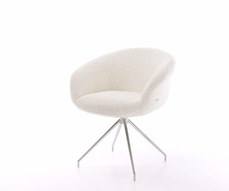 Sedia girevole DELIFE Vinka-Flex con braccioli, rivestita in tessuto bouclé bianco, struttura a croce in acciaio inossidabile conico, girevole a 180°, con molle insacchettate