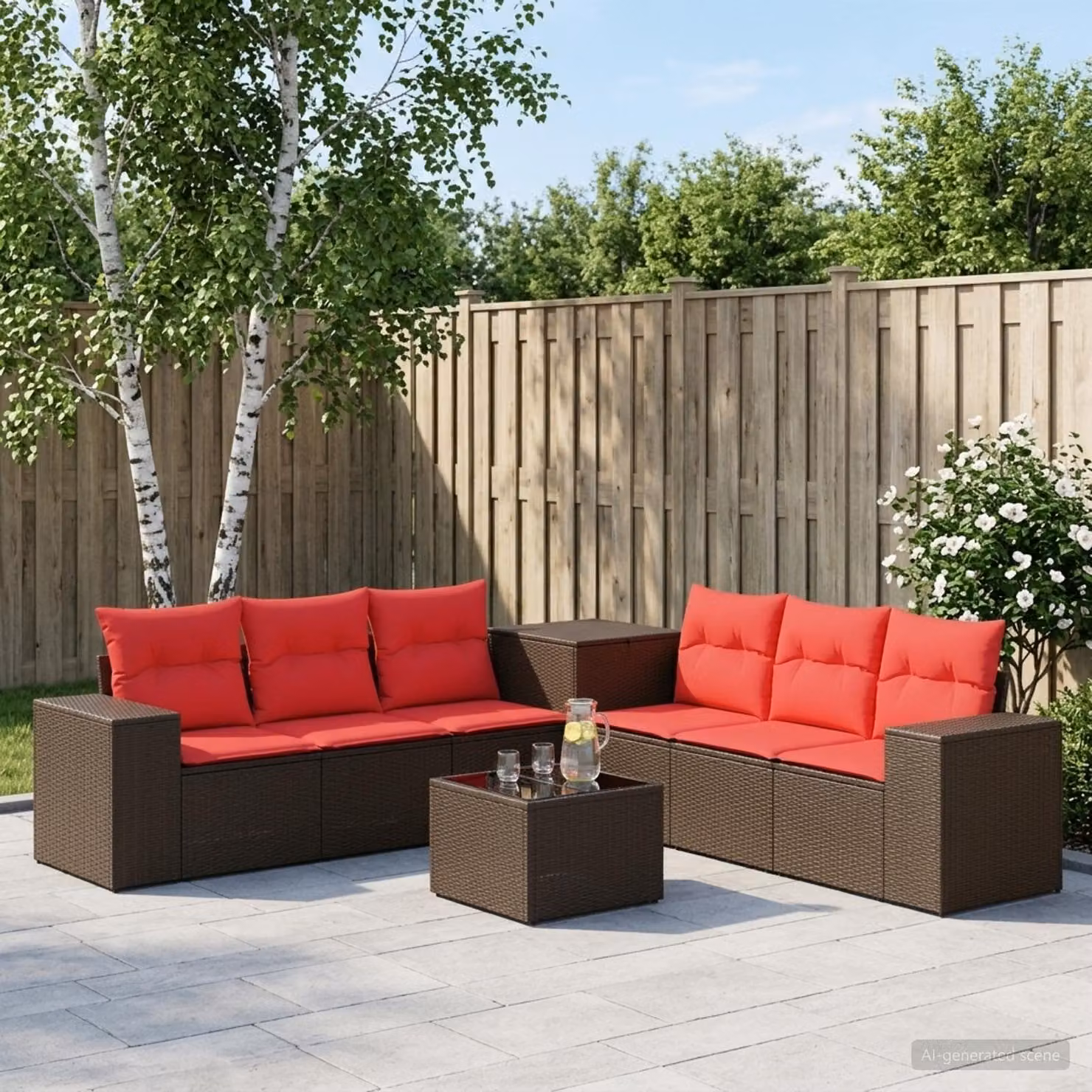 Set di divani da giardino vidaXL composto da 8 pezzi in rattan sintetico e metallo, colore marrone e rosso, con cuscini inclusi e design a forma di U per esterno
