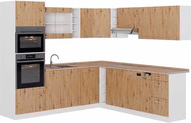 Cucina angolare moderna Vicco in rovere e bianco con ante a battente e illuminazione integrata – 1