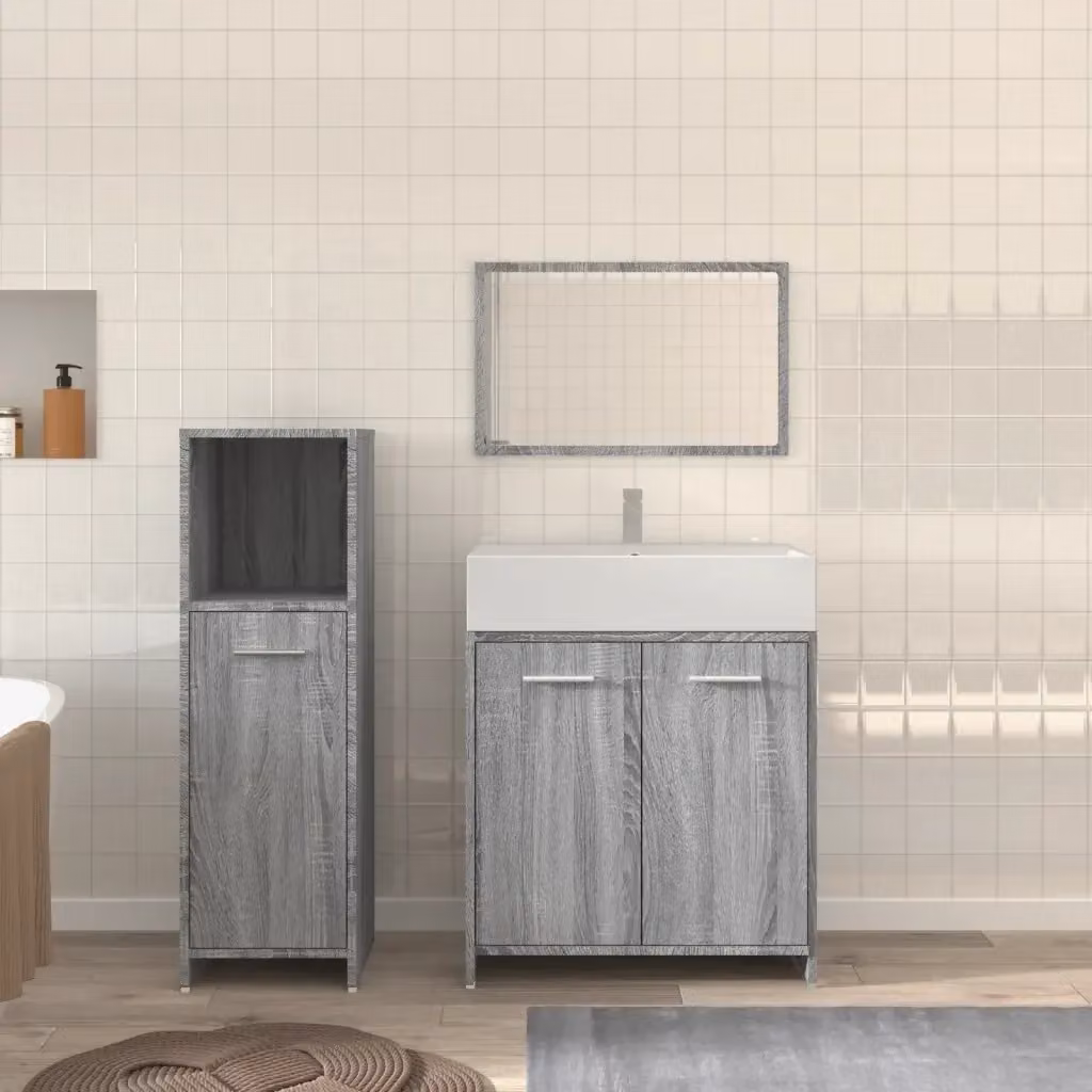 Set Mobili da Bagno Moderno 3 Pezzi Grigio con Mobile Lavabo, Pensile e Specchio in Legno Multistrato L/P/H: 60 x 33 x 61 cm – 2