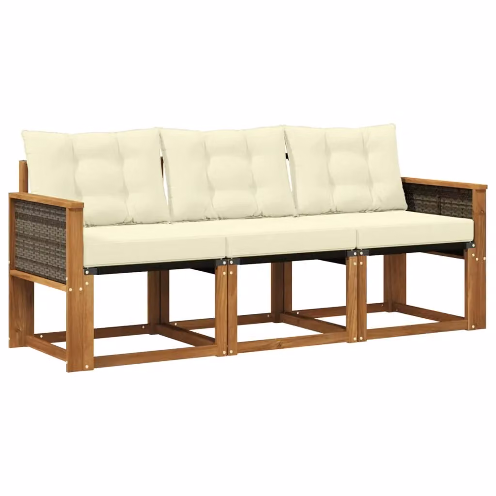 Set di divani da esterno 3 pezzi vidaXL in legno di acacia e textilene, colore beige e bianco, con cuscini inclusi – 2
