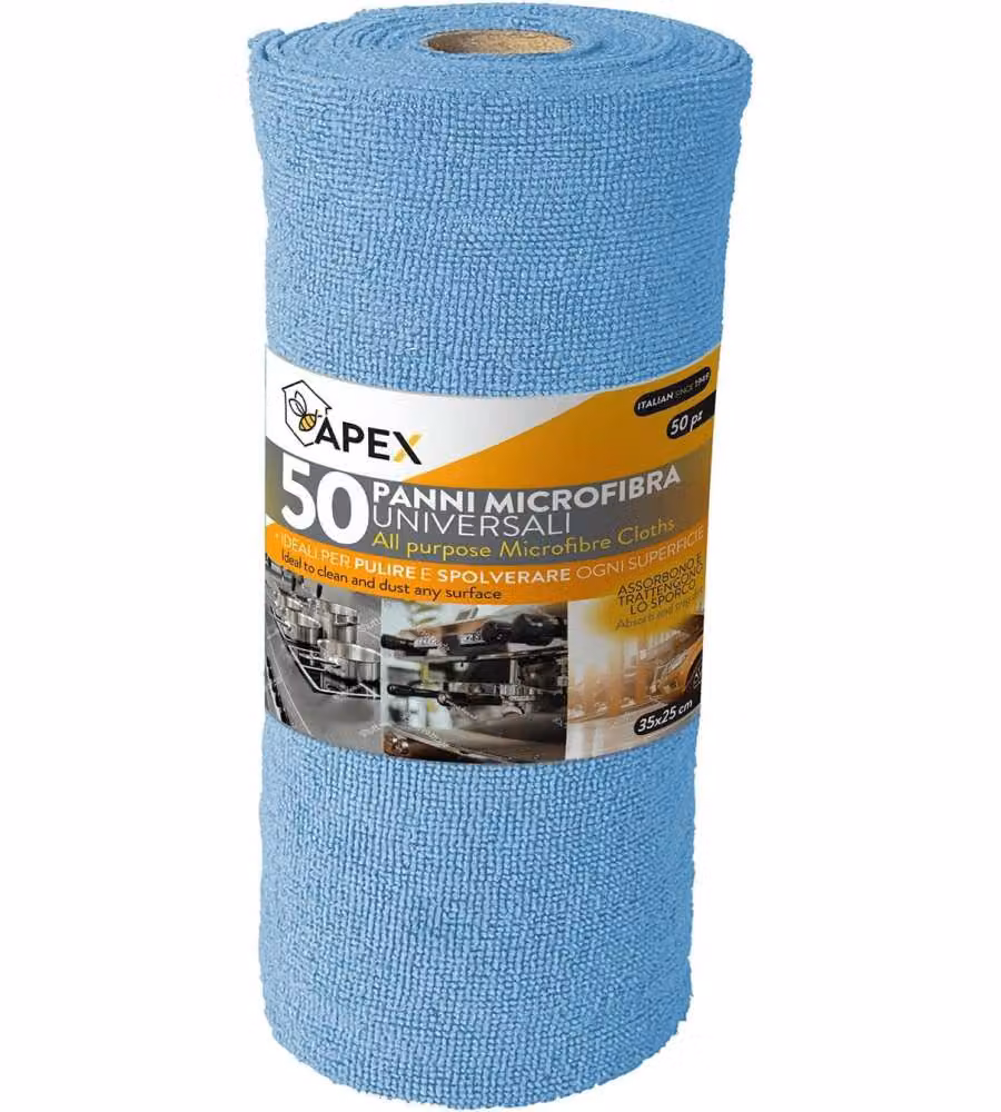 Apex Rotolo 50 Panni Microfibra Azzurro 35x25 cm per Pulizia e Asciugatura
