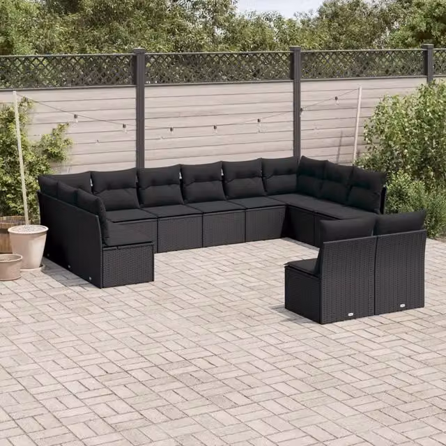 Set di Divani da Giardino VIDAXL a Forma di U in Polyrattan Nero con Cuscini, 12 Posti – 1