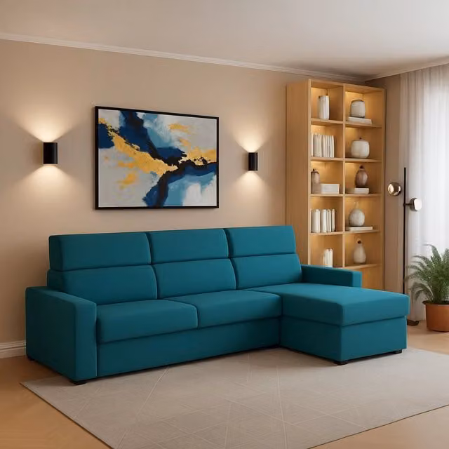 Vigonovo Divano Fisso con Penisola Reversibile Made in Italy Azzurro L/P: 280 x 160 cm