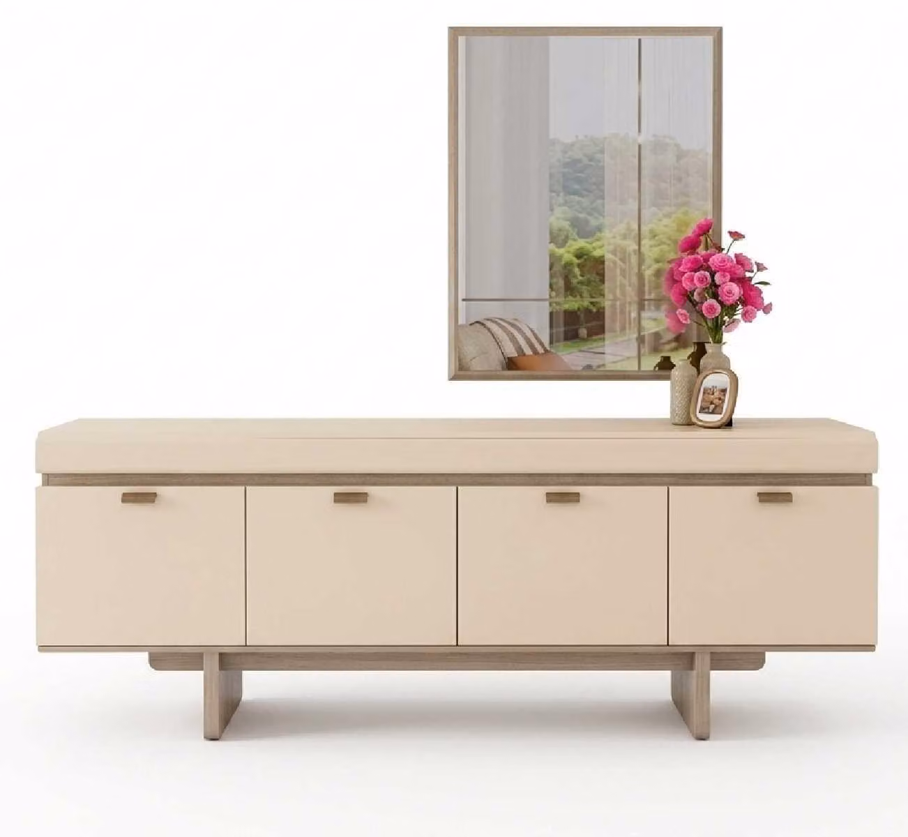 Mobile contenitore, cassettiera, specchio, set, beige, moderno, legno, elegante, raffinato
