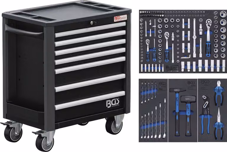 BGS Carrello da officina 7 cassetti altezza extra bassa con 209 utensili - 4140