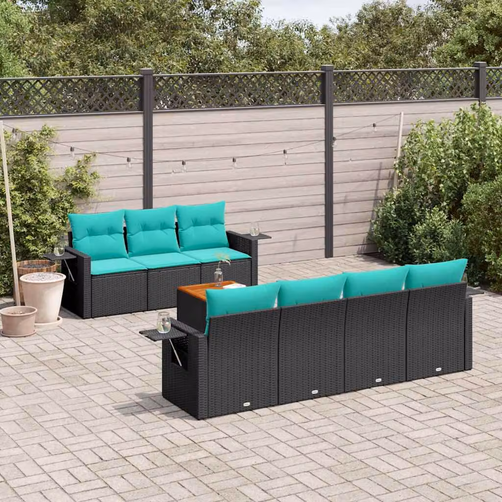 Set di divani da giardino vidaXL in polyrattan nero con cuscini e tavolino da esterno a forma di L