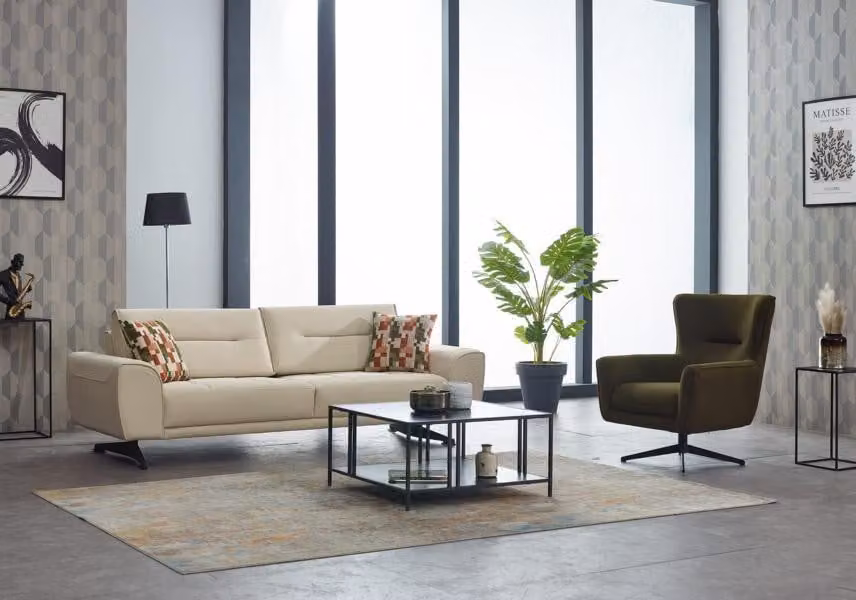 Sofagarnitur Dreisitzer Sofa 3 Sitz Stoffsofa Polstersofa Beige Sessel
