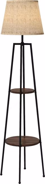 HOMCOM Lampada da terra con 2 ripiani in metallo e legno, paralume in tessuto beige, Nero e Marrone, H 166 cm, Ø 42 cm