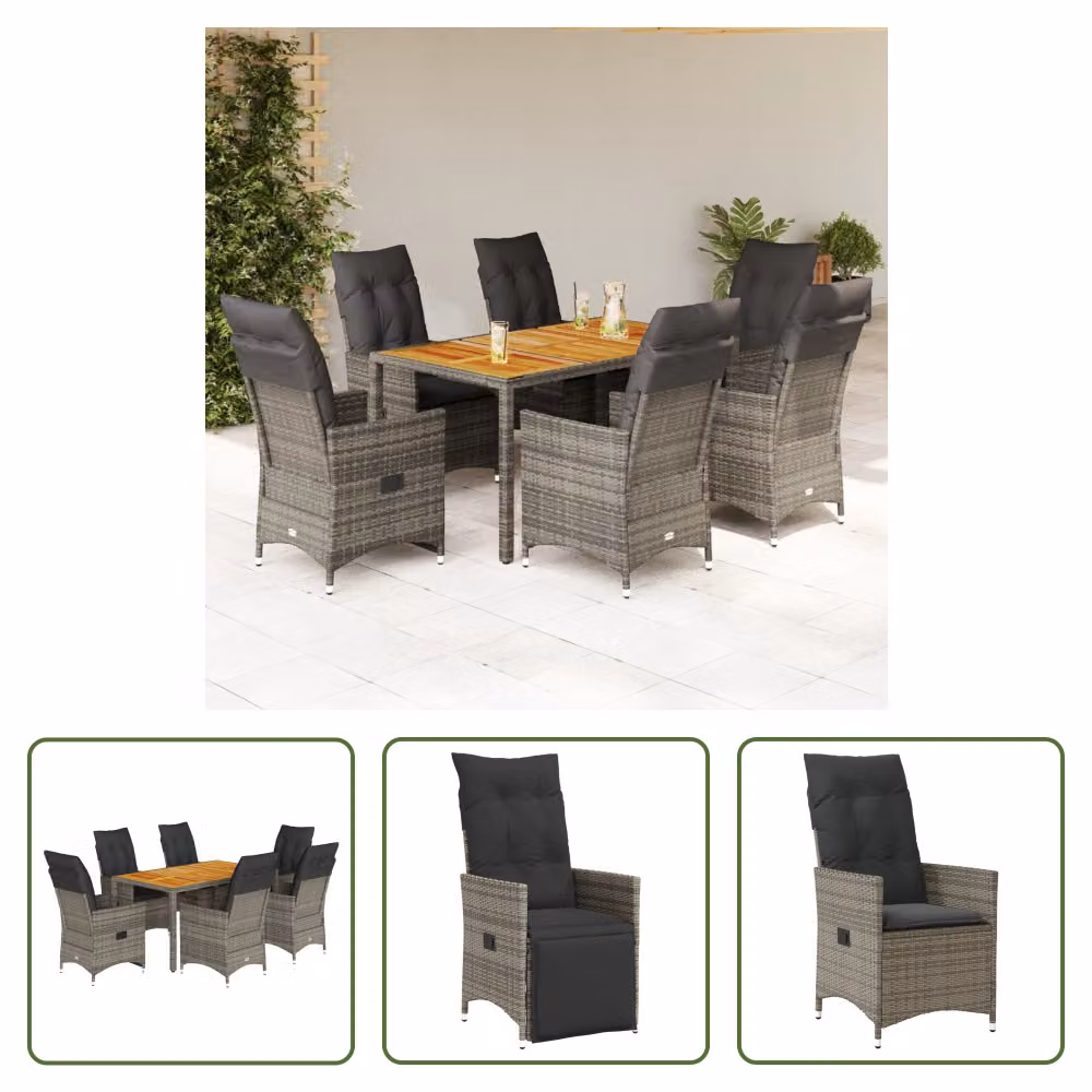 The Living Store Set da pranzo da giardino 7 pezzi con cuscini in poly rattan grigio